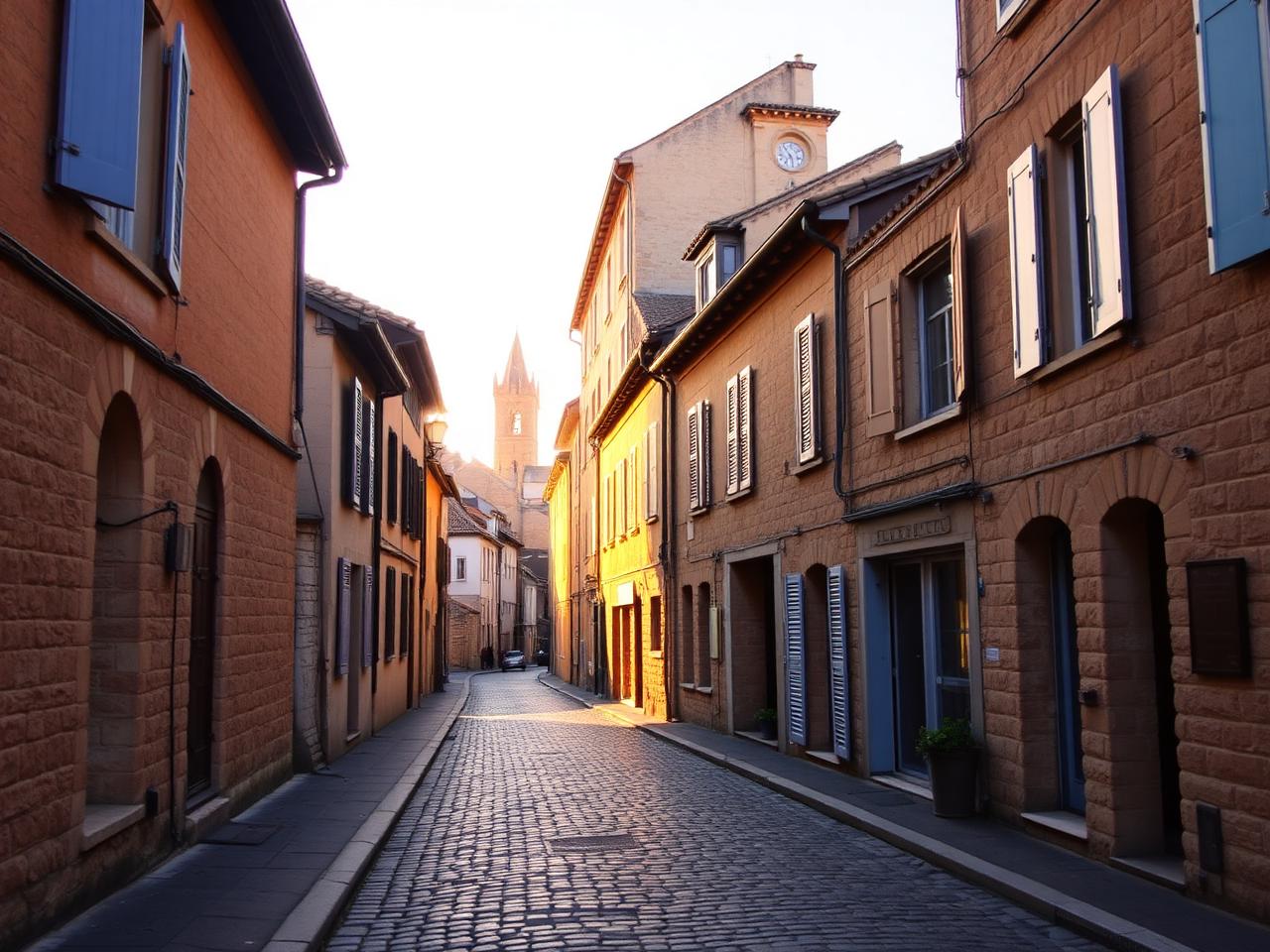 Ruelle pavée de la Vieille Ville d'Angoulême au lever du soleil, façades en pierre blonde